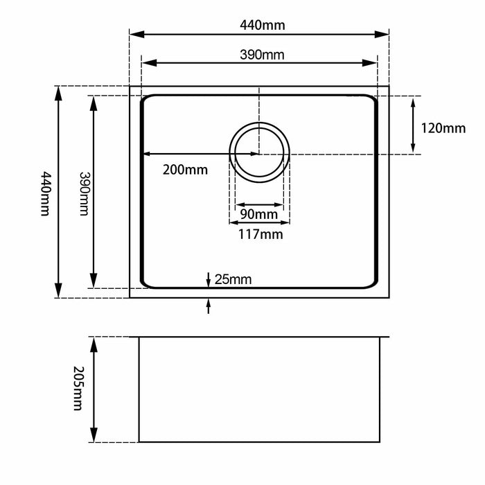 Chrome 440*440*205mm Kitchen Sink Round Corner Stainless Steel Single Bowl