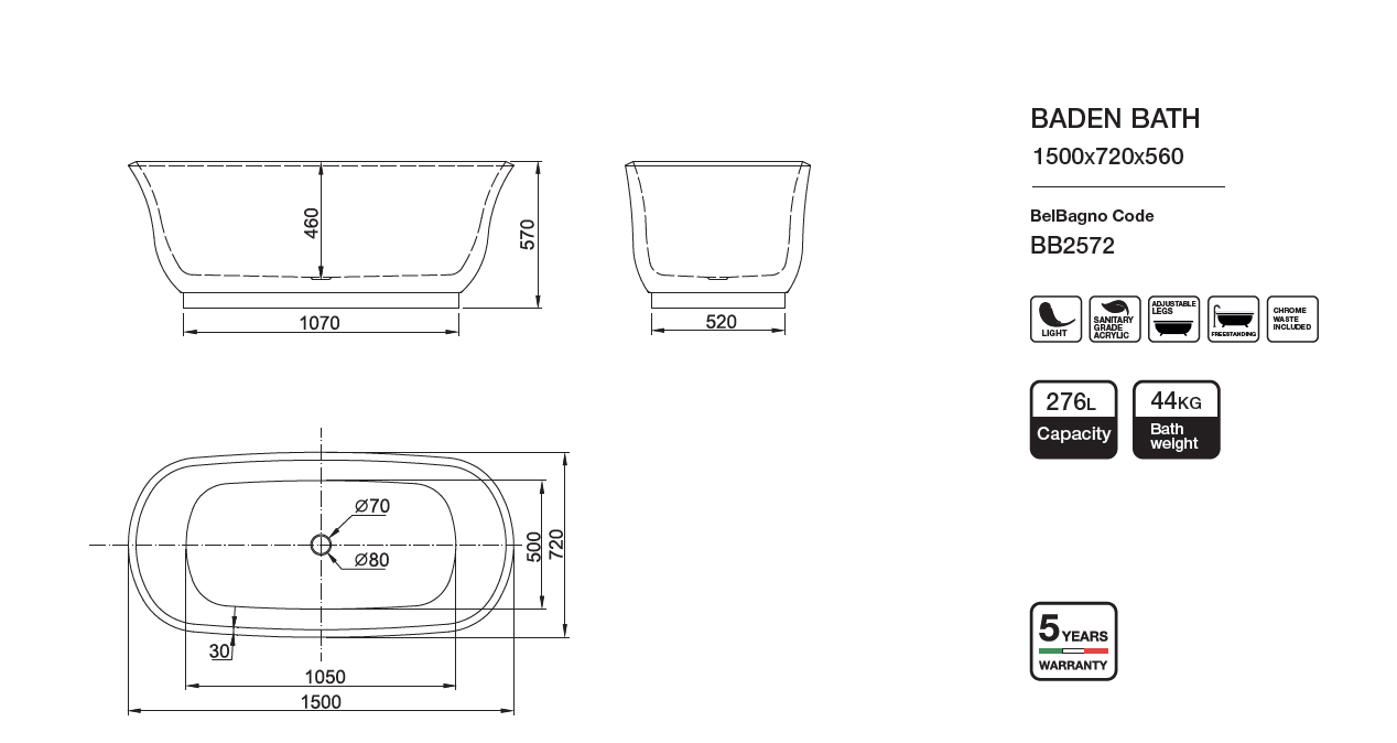 Belbagno Baden Freestanding Bathtub 1500mm - Semi Gloss White