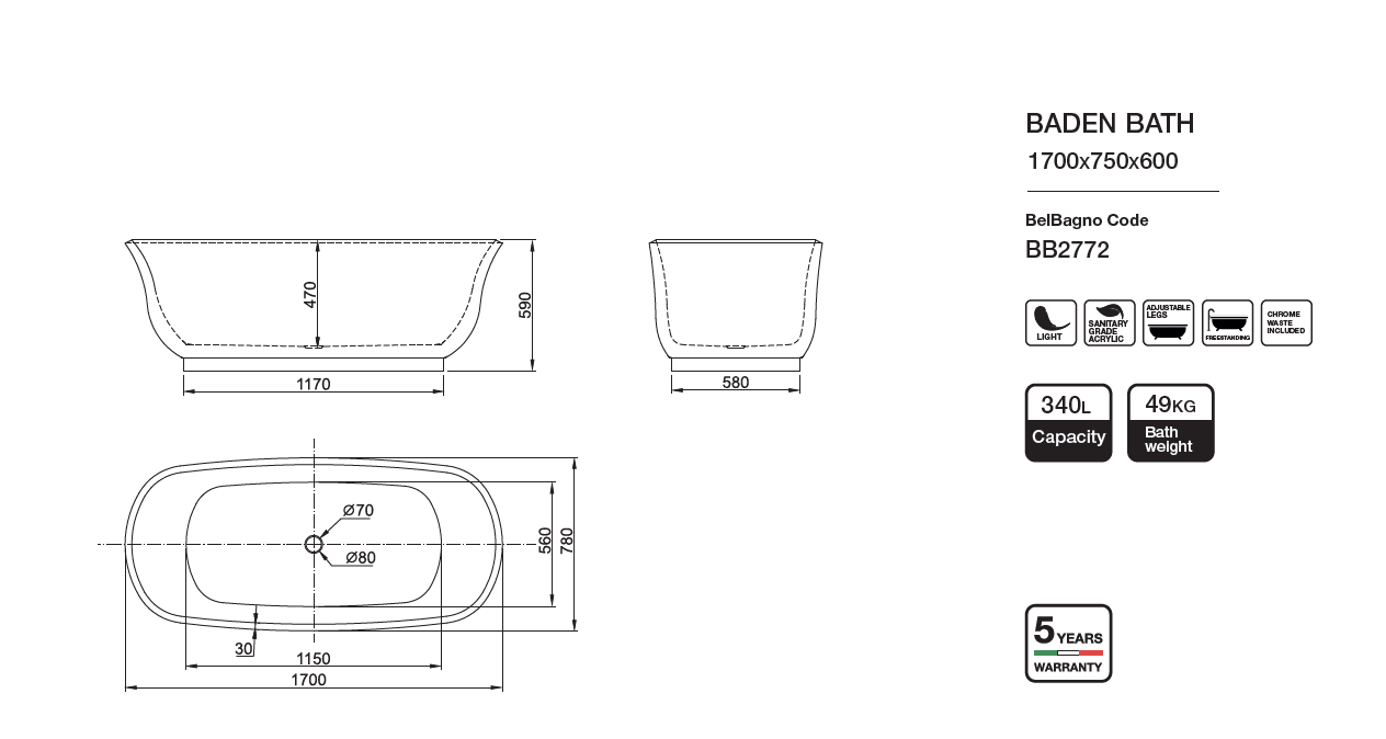 Belbagno Baden Freestanding Bathtub 1700mm - Semi Gloss White