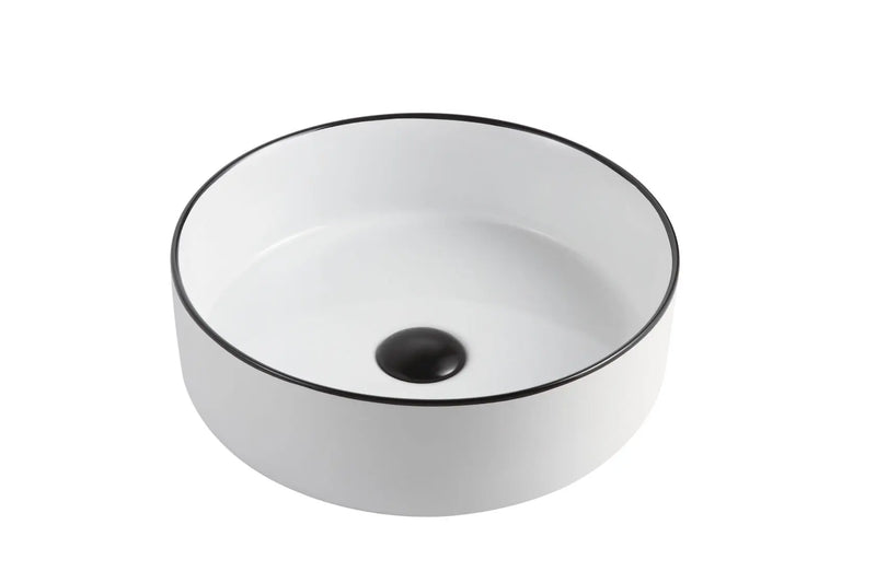 ABS Riva - Riva 3018 Round Ceramic Above Counter Basin 360mm - Gloss White With Black Rim - Aqualux Bathrooms