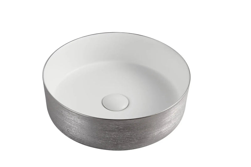 ABS Riva - Riva 3018 Round Ceramic Above Counter Basin 360mm - Gloss White With Brushed Silver - Aqualux Bathrooms