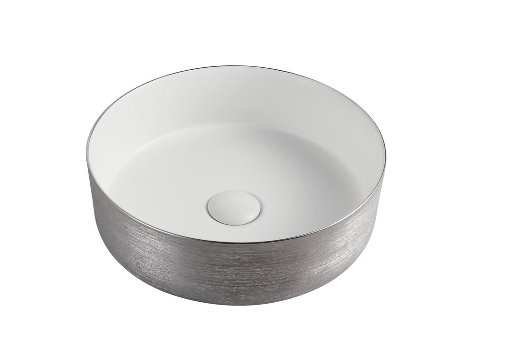 Riva 3018 Round Ceramic Above Counter Basin 360mm - Gloss White With Brushed Silver