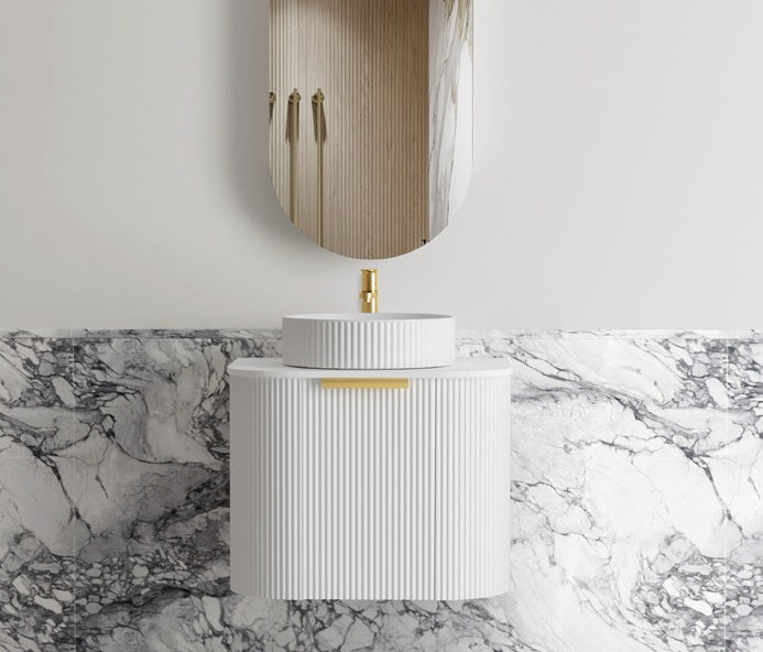 Otti Bondi Matte White Fluted 600mm Curve Single Bowl Wall Hung Vanity