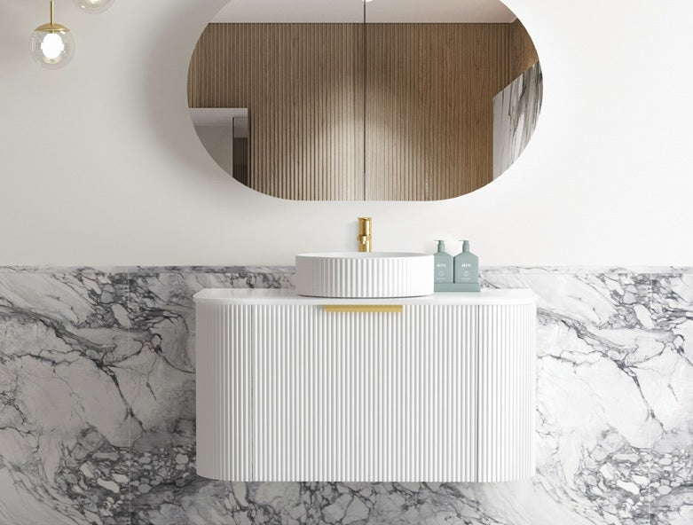 Otti Bondi Matte White Fluted 750mm Curve Single Bowl Wall Hung Vanity