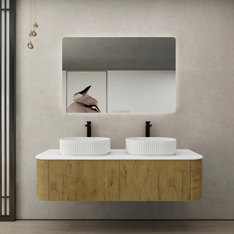 Bronte Wall Hung Vanity 1500 (Prime Oak/Double Bowl) - Aqualux Bathrooms- Poseidon