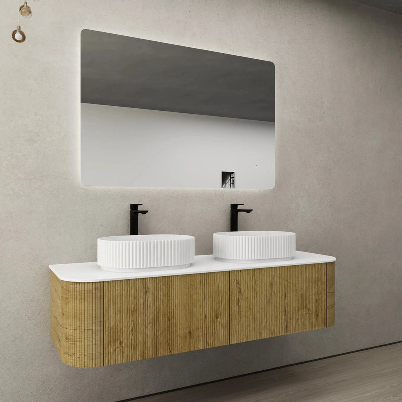 Bronte Wall Hung Vanity 1500 (Prime Oak/Double Bowl) - Aqualux Bathrooms- Poseidon