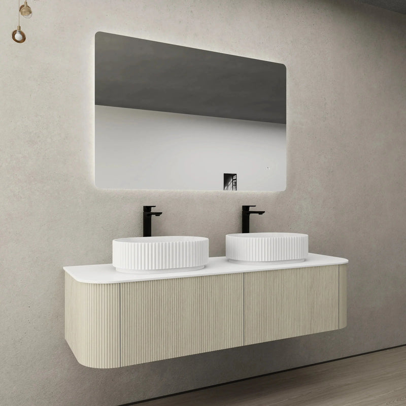Bronte Wall Hung Vanity 1500 (Coastal Oak/Double Bowl) - Aqualux Bathrooms- Poseidon