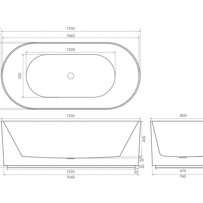 Ally Groove Oval Freestanding Bathtub 1700mm (No Overflow)