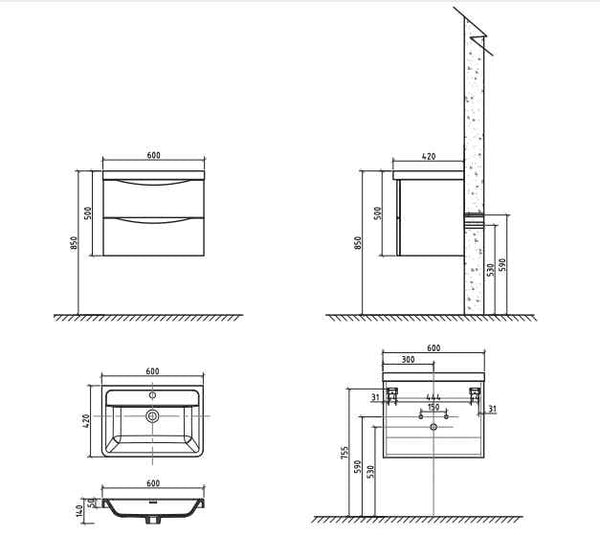 Belbagno Ancona Wall Hung Vanity 600mm - Gloss White