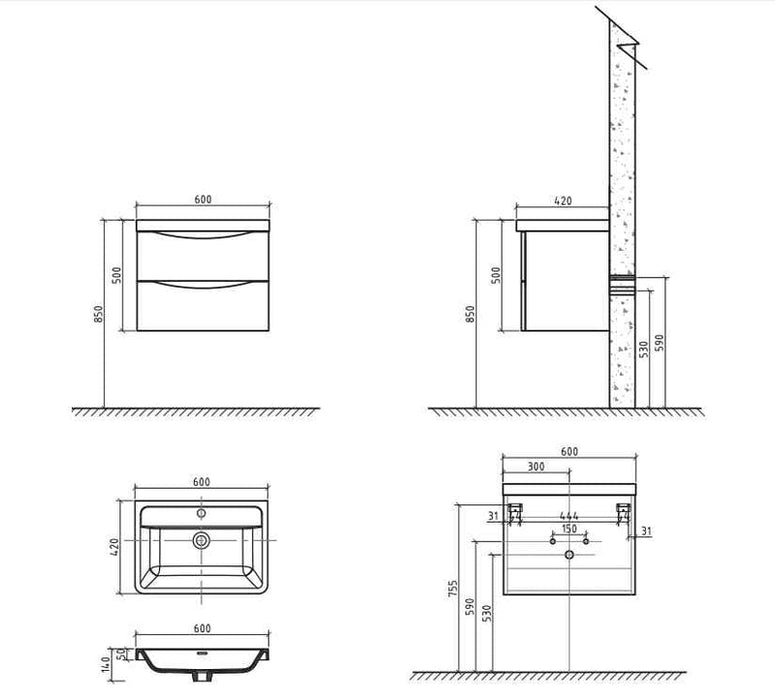 Belbagno Ancona Wall Hung Vanity 600mm - Rose Wood