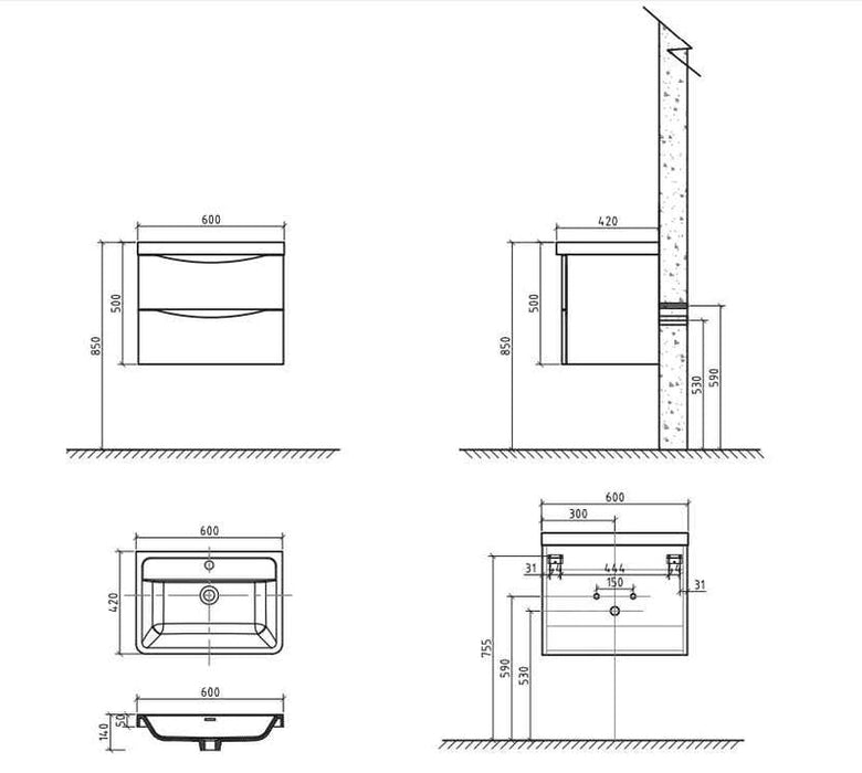 Belbagno Ancona Wall Hung Vanity 600mm - White oak