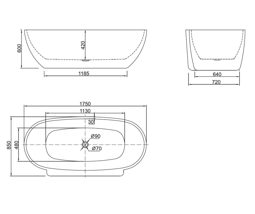 Belbagno Palermo Freestanding Bathtub 1750mm - Semi Gloss White