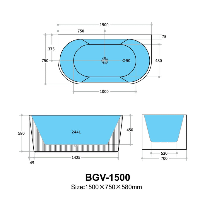 Bari Groove Back To Wall Bathtub 1500mm (No Overflow)