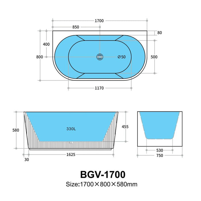 Bari Groove Back To Wall Bathtub 1700mm (No Overflow)