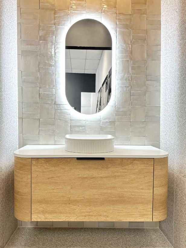 Otti Bondi Natural Oak 1200mm Curve Single Bowl Wall Hung Vanity