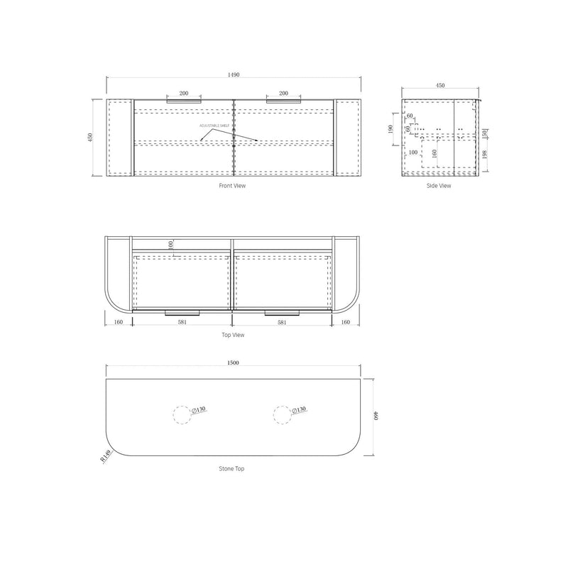 Otti Bondi Black Oak 1500mm Curve Double Bowl Wall Hung Vanity