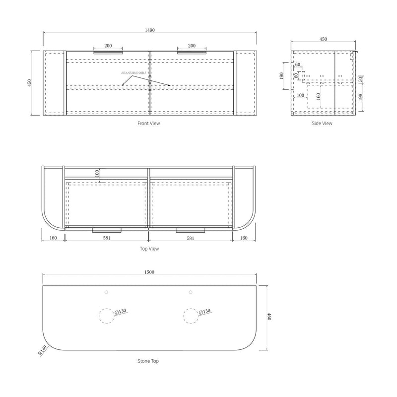 Otti Bondi Matte White Fluted 1500mm Curve Double Bowl Wall Hung Vanity