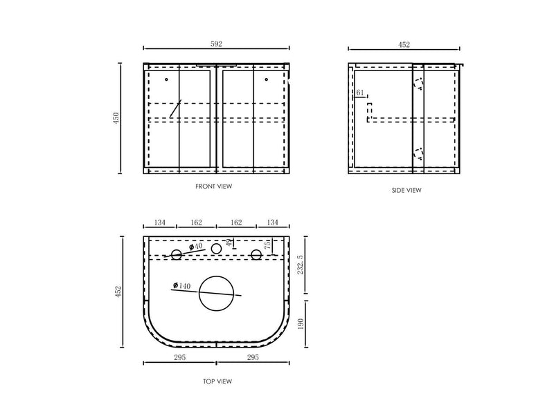 Otti Hampshire Satin Black 600mm Curve Single Bowl Wall Hung Vanity