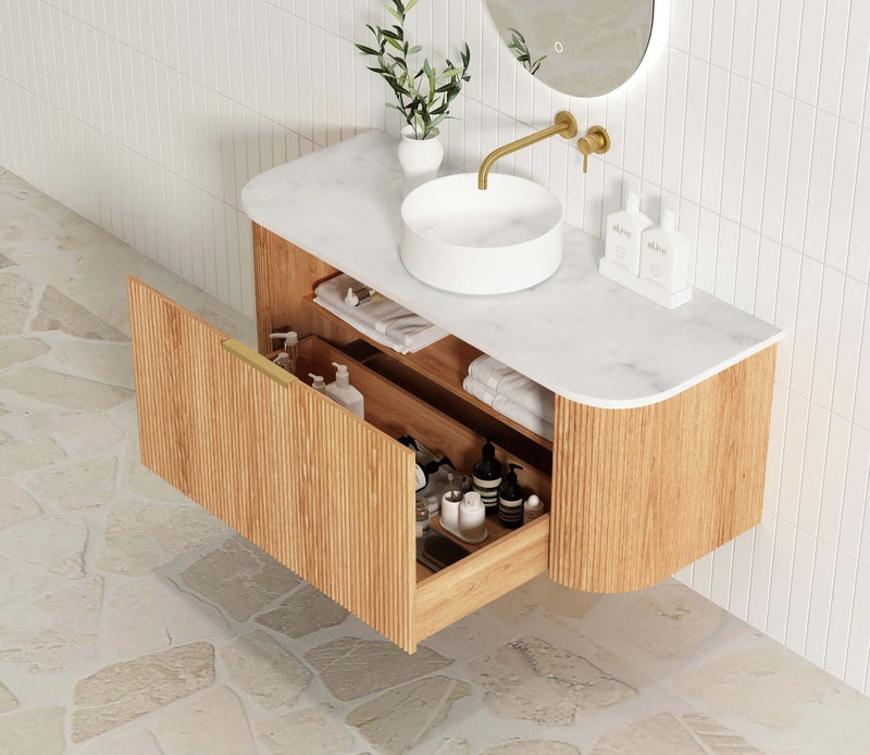 Otti Bondi Woodland Oak Fluted 1200mm Curve Single Bowl Wall Hung Vanity