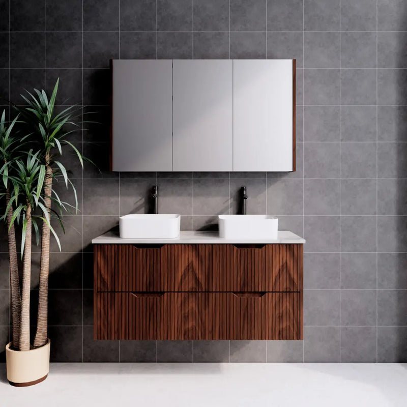 ABS Riva - Riva Bali Wall Hung Double Bowl Vanity 1200mm - Brown Oak - Aqualux Bathrooms