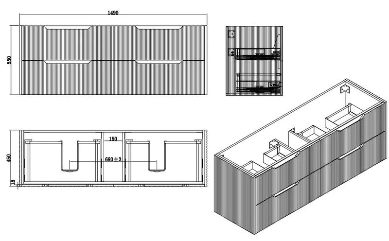 ABS Riva - Riva Bali Wall Hung Single Bowl Vanity 1500mm - White Oak - Aqualux Bathrooms