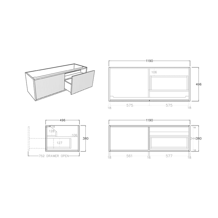 Bellevue Wall Hung Standard Vanity 1200 (Coastal Oak)