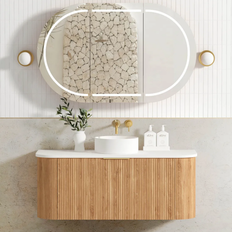 Otti Bondi Woodland Oak Fluted 1200mm Curve Single Bowl Wall Hung Vanity