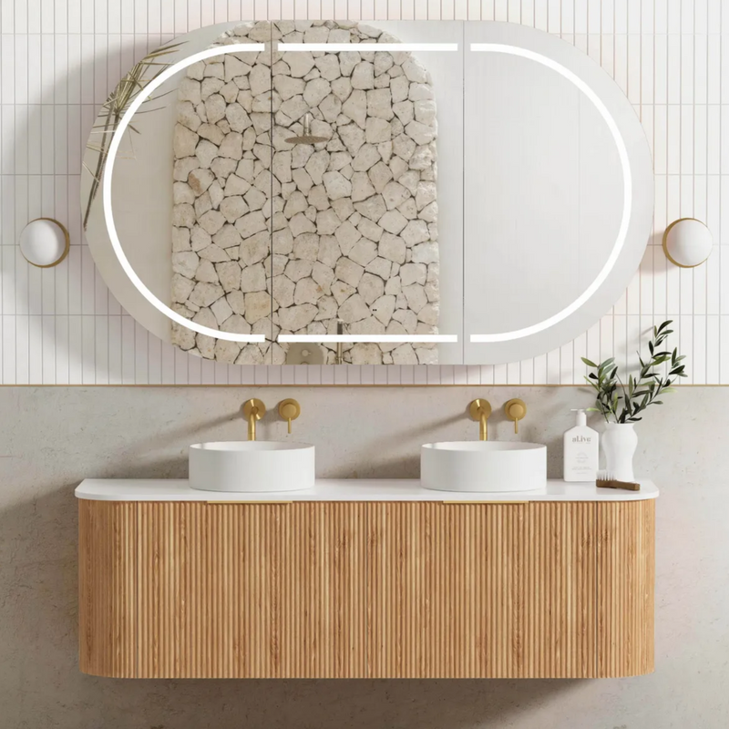 Otti Bondi Woodland Oak Fluted 1500mm Curve Double Bowl Wall Hung Vanity