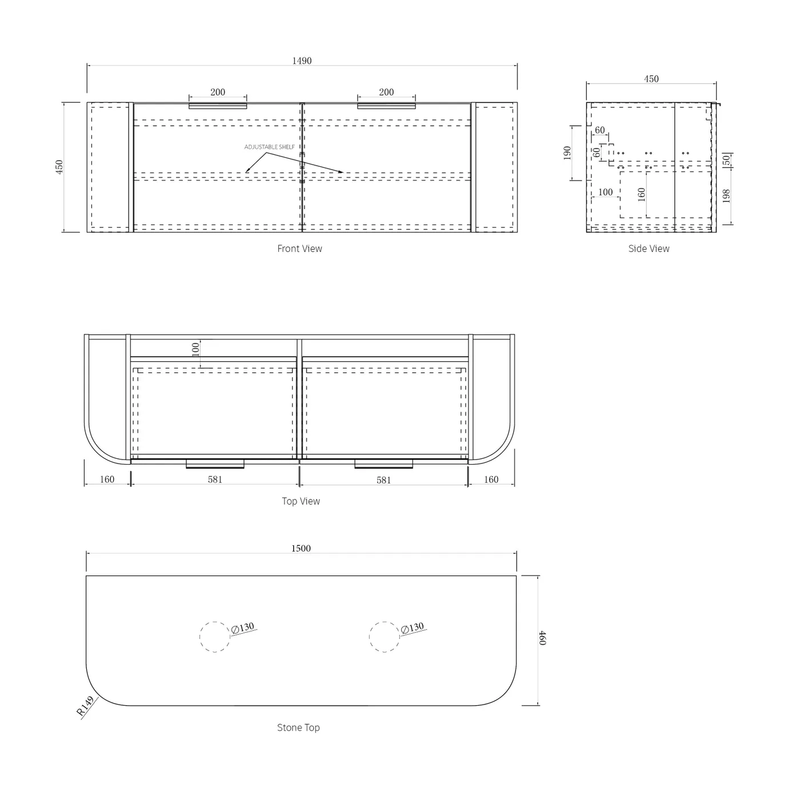 Otti Bondi Woodland Oak Fluted 1500mm Curve Double Bowl Wall Hung Vanity