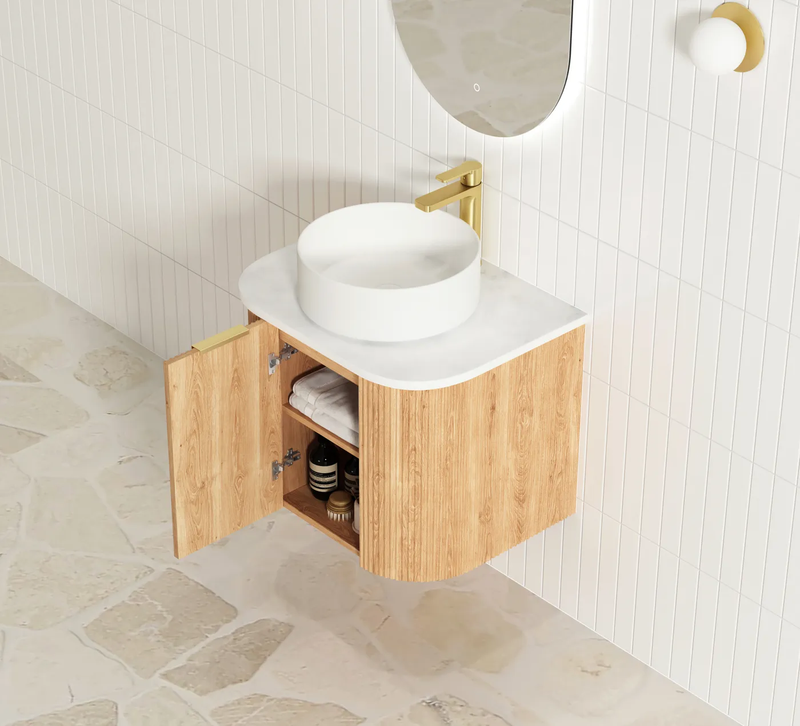 Otti Bondi Woodland Oak Fluted 600mm Curve Single Bowl Wall Hung Vanity