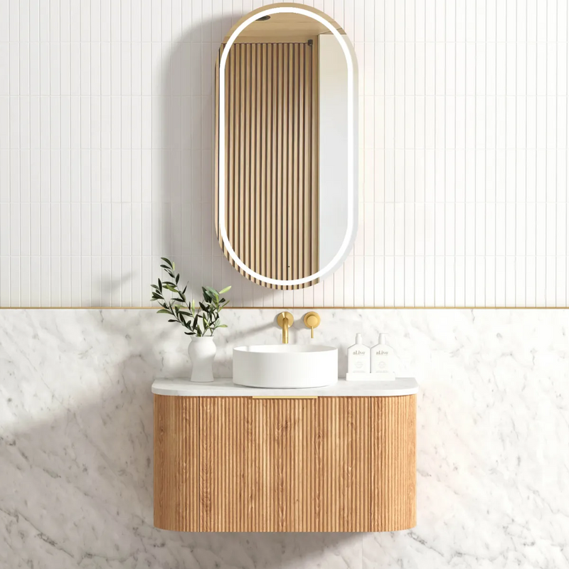 Otti Bondi Woodland Oak Fluted 900mm Curve Single Bowl Wall Hung Vanity