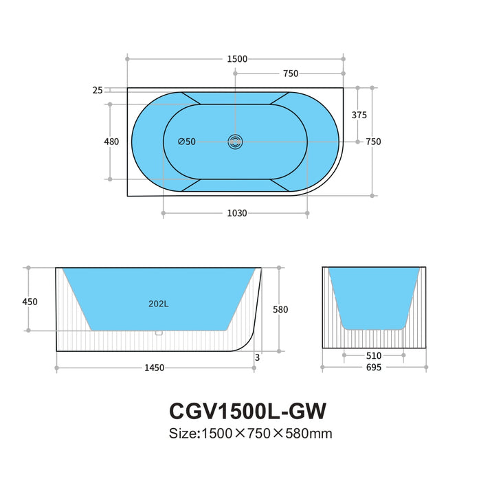 Capri Left Corner Bathtub 1500mm (No Overflow)