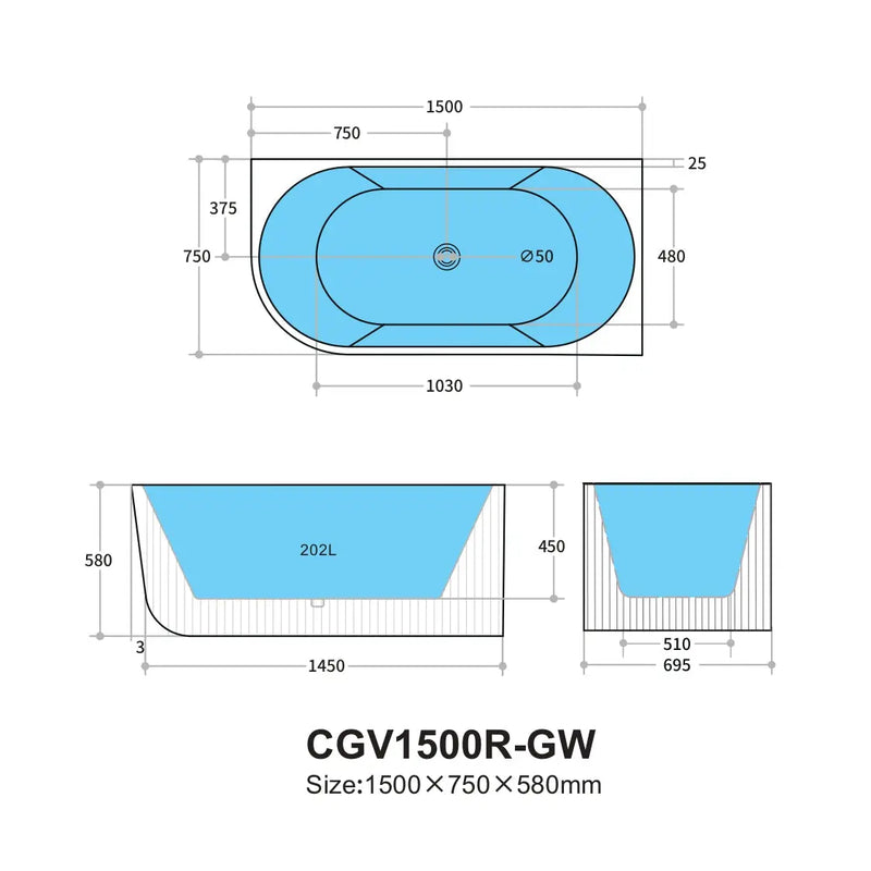 Capri Right Corner Bathtub 1500mm (No Overflow) - Aqualux Bathrooms- Poseidon