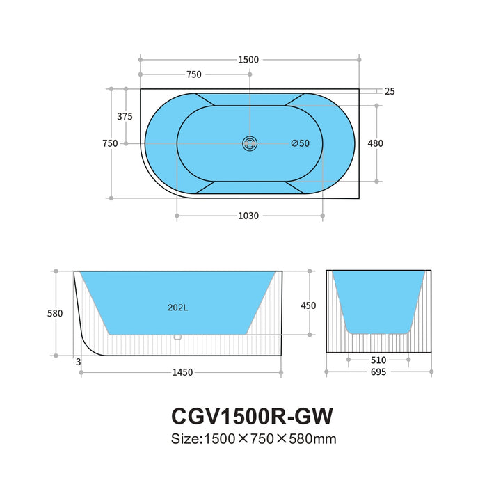 Capri Right Corner Bathtub 1500mm (No Overflow)