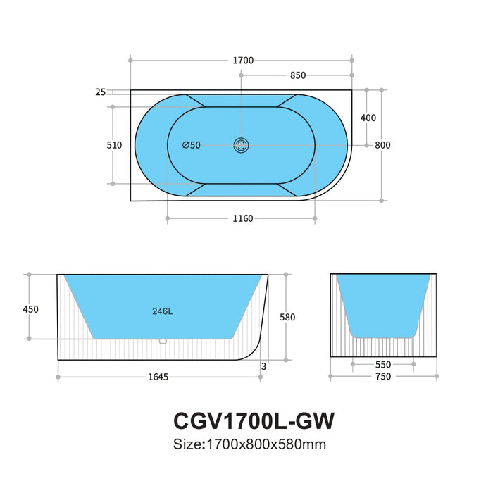 Capri Left Corner Bathtub 1700mm (No Overflow)