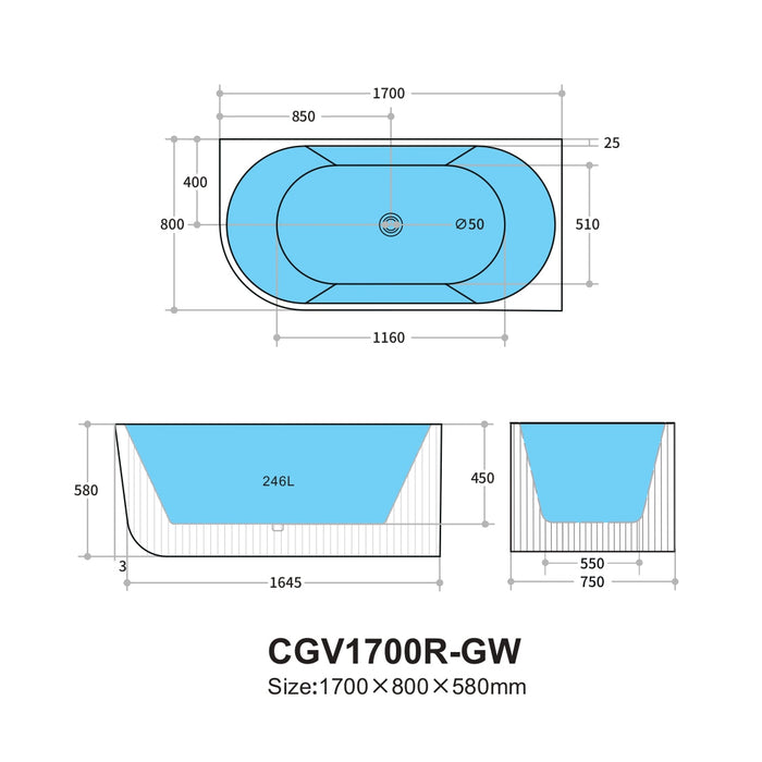 Capri Right Corner Bathtub 1700mm (No Overflow)