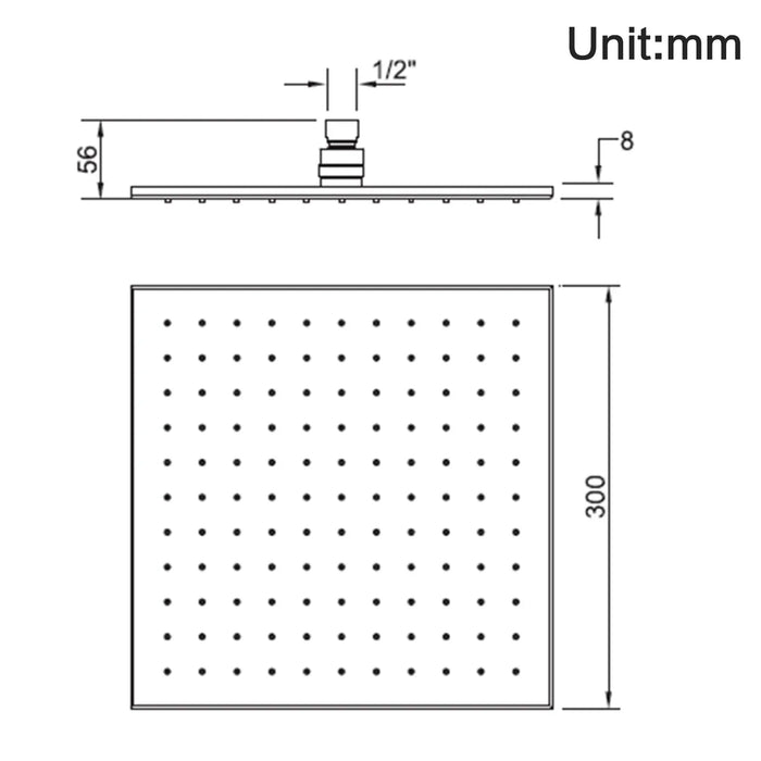 Square Chrome Brass Shower Head 300mm