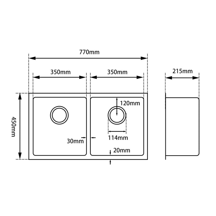 Chrome 770*450*215mm Kitchen Sink Round Corner Stainless Steel Double Bowl