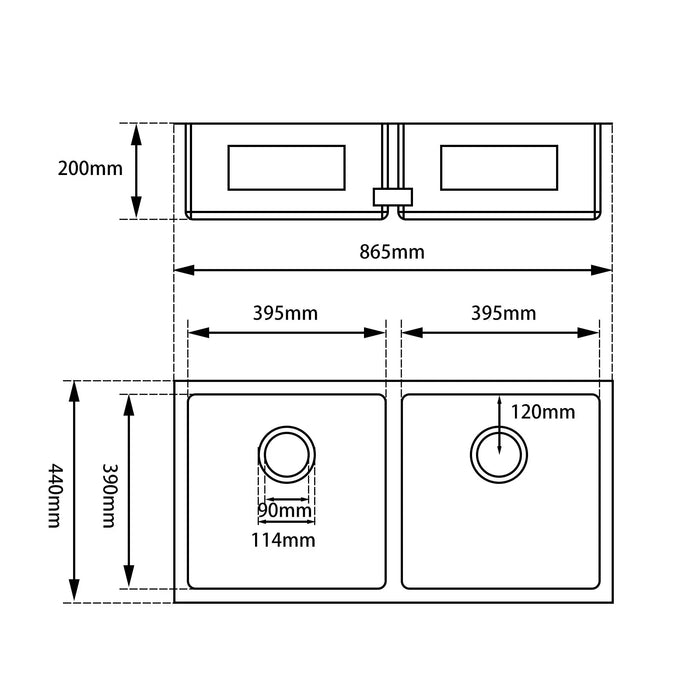 Chrome 865*440*200mm Kitchen Sink Round Corner Stainless Steel Double Bowl