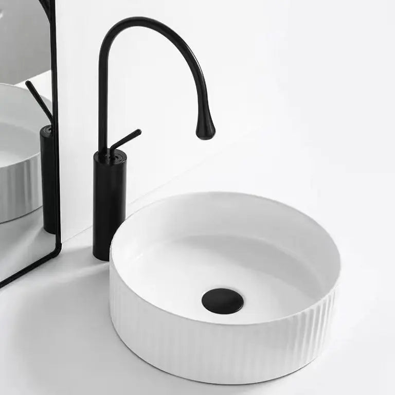 Cora Above Counter Fluted Gloss White Circle Basin - Aqualux Bathrooms- Mercio