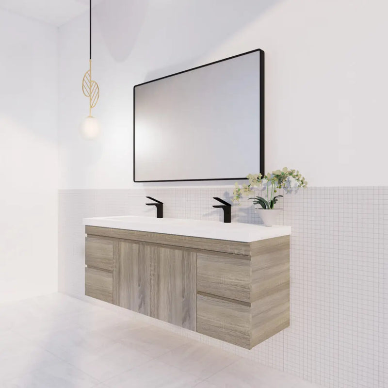 ABS Riva - Riva DF Double Bowl Wall Hung Vanity 1500mm - Dark Oak - Aqualux Bathrooms