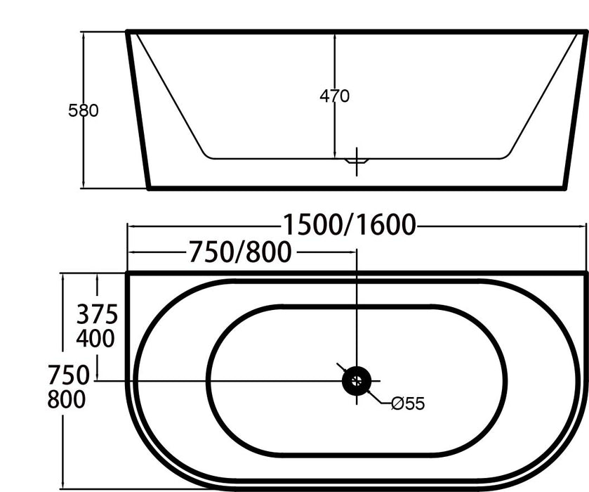 Riva Dana Back to Wall Bathtub 1500mm - Gloss White