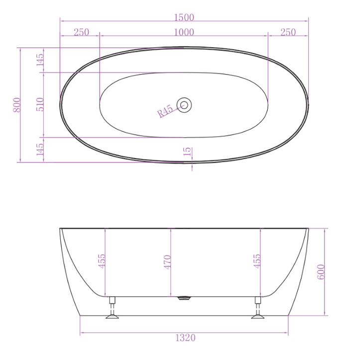 Riva Delta Super Slim Edge Oval Shape Freestanding Bathtub 1500mm - Matt White