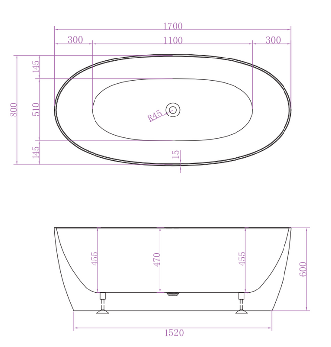 Riva Delta Super Slim Edge Oval Shape Freestanding Bathtub 1700mm - Matt White