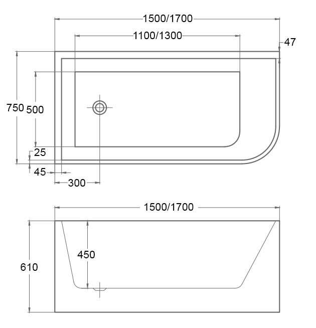 Riva Ellie Left Corner Bathtub 1700mm - Gloss White