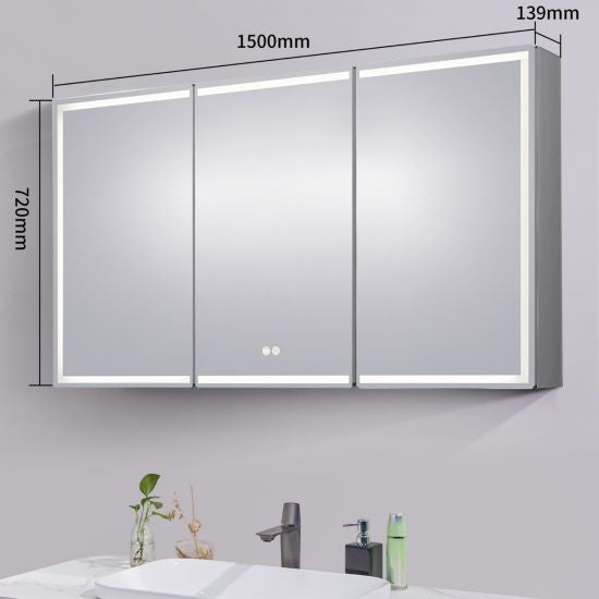 1500*720*139mm Silver Brushed Rectangular LED Mirror Shaving Cabinet (Three Doors, Anti-Fogging)