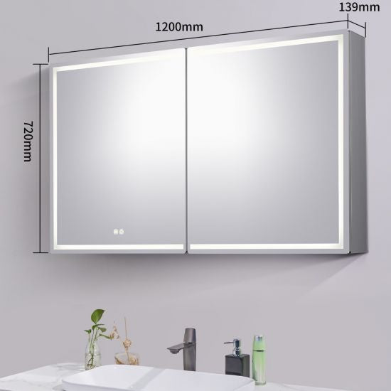 1200x720x139mm Silver Brushed Rectangular LED Mirror Shaving Cabinet (Double Doors,Anti- Fogging)