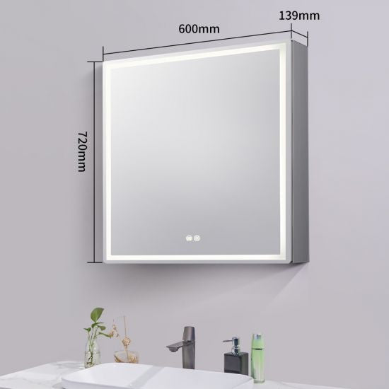 600x720x139mm Silver Brushed Rectangular LED Mirror Shaving Cabinet (Single Door, Anti-Fogging)