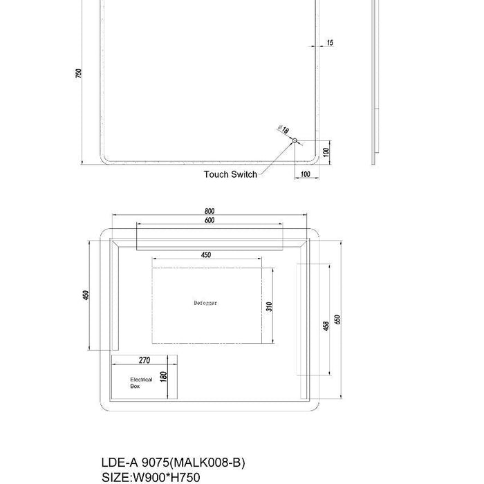 Curved Rim Rectangle 3 Colour Lighting LED Mirror Touch Sensor Switch Acrylic Side Light Wall Mounted Vertical or Horizontal