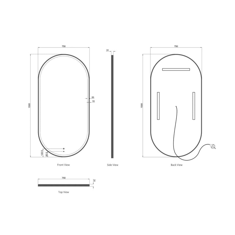 Otti Noosa Framed Led Mirror Matte Black 750X1500mm